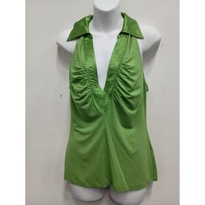 Bebe Y2K Halter Top Womens Large Green Silk Trim Ruched Coquette Party